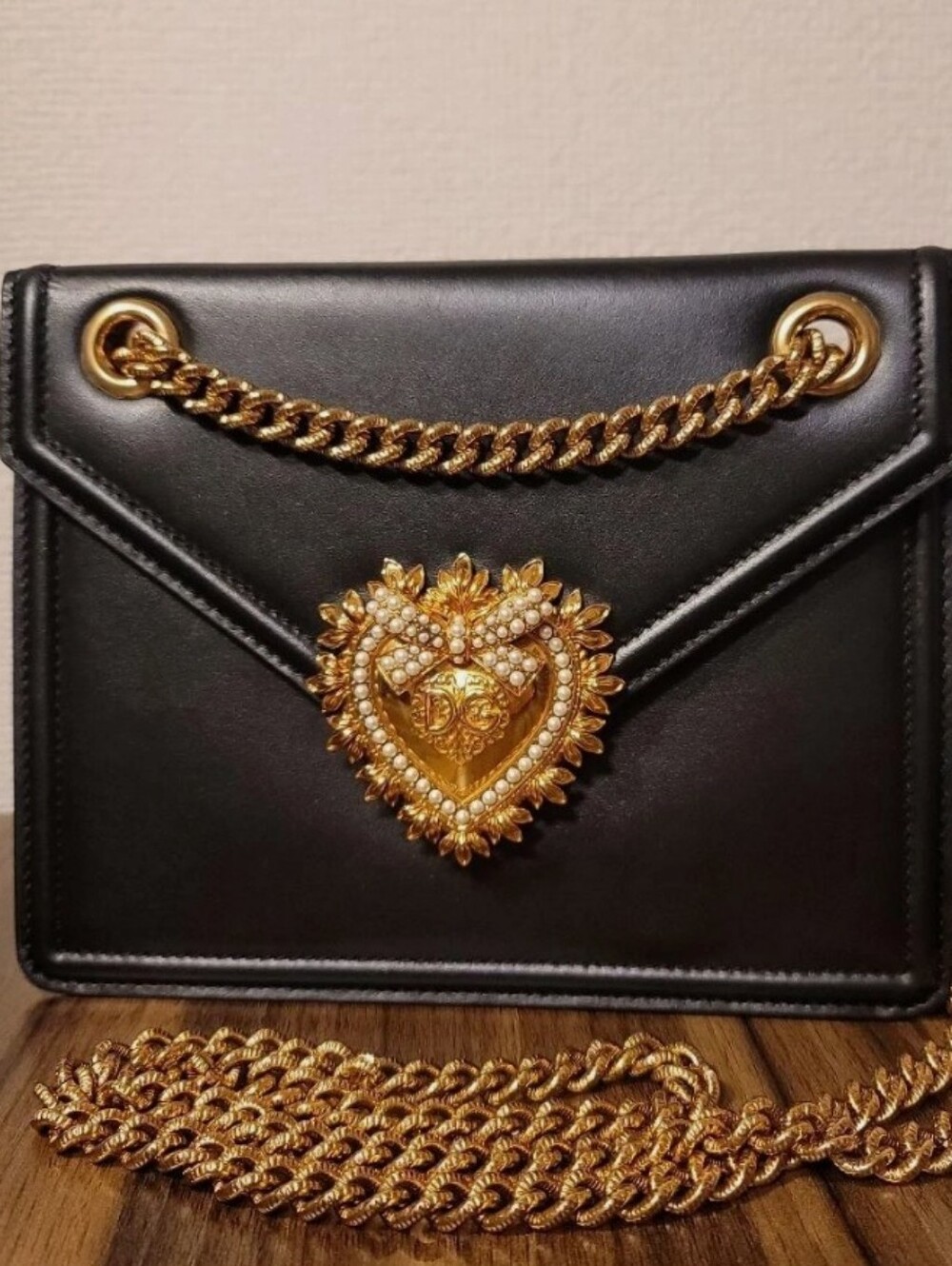 Dolce & Gabbana Devotion Leather Shoulder Bag with Gold Heart Emblem/Like New